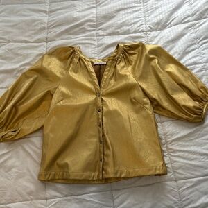 Karlie Faux Leather Metallic Gold Short Sleeve Button Down